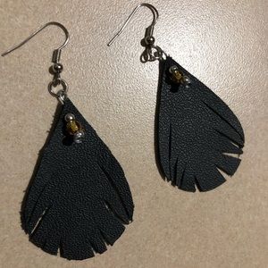 Leather teardrop, feathered earring